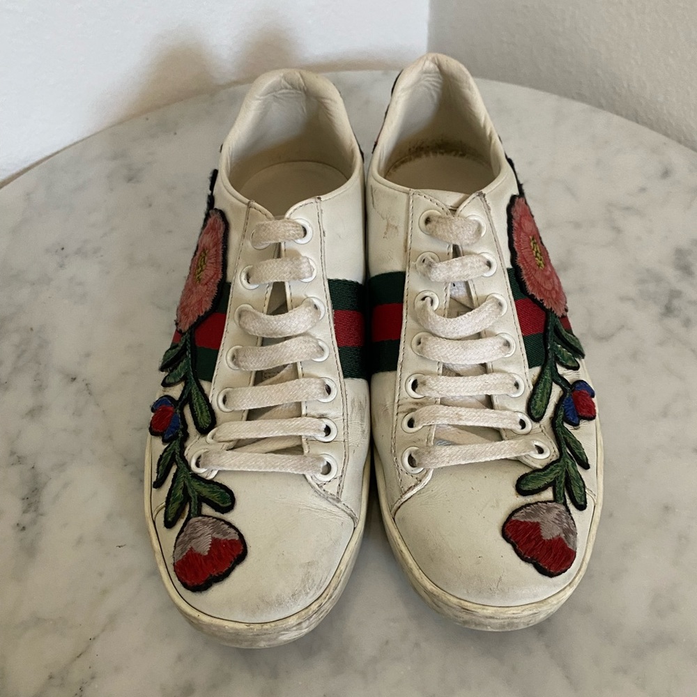 GUCCI Leather Floral Print Sneakers